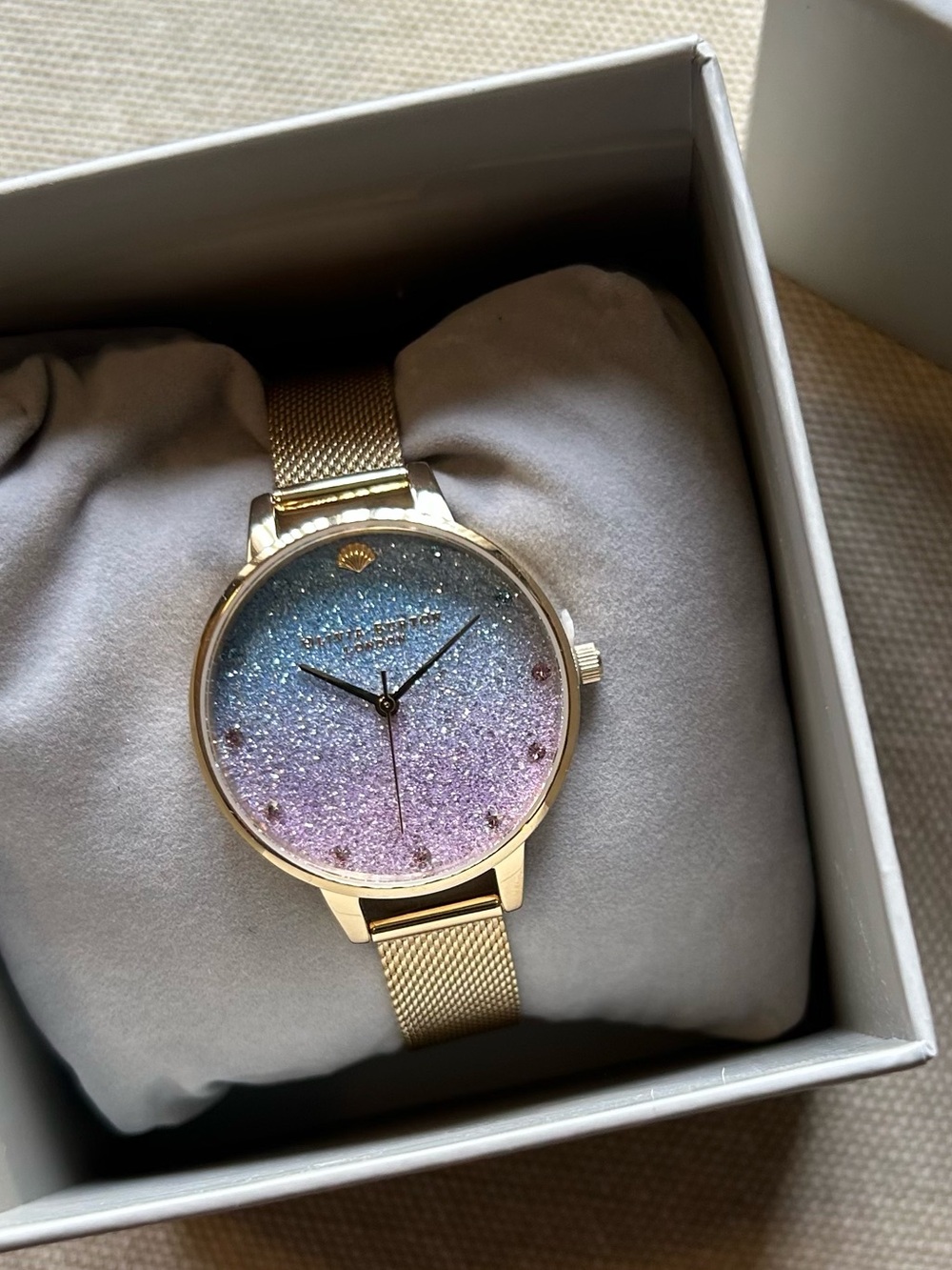 Olivia Burton Watch With 34mm Glitter Face With Golden MeshBracelet.